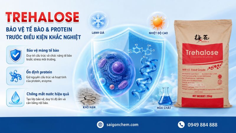 Trehalose gi&uacute;p bảo vệ tế b&agrave;o v&agrave; protein trước điều kiện khắc nghiệt. 